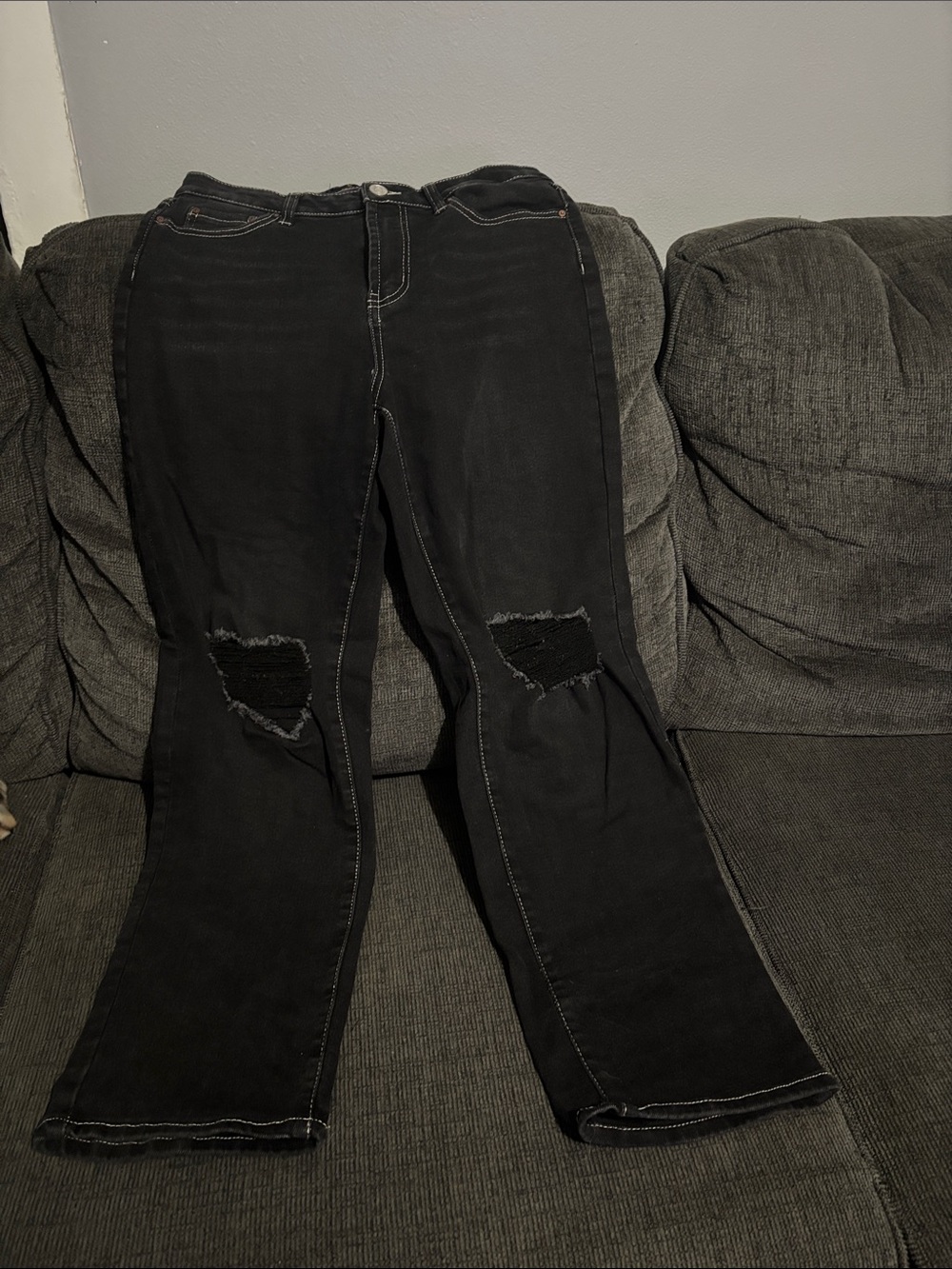 Indigo Rein Black Distressed Flare Jeans Size 11 Contrast Stitch